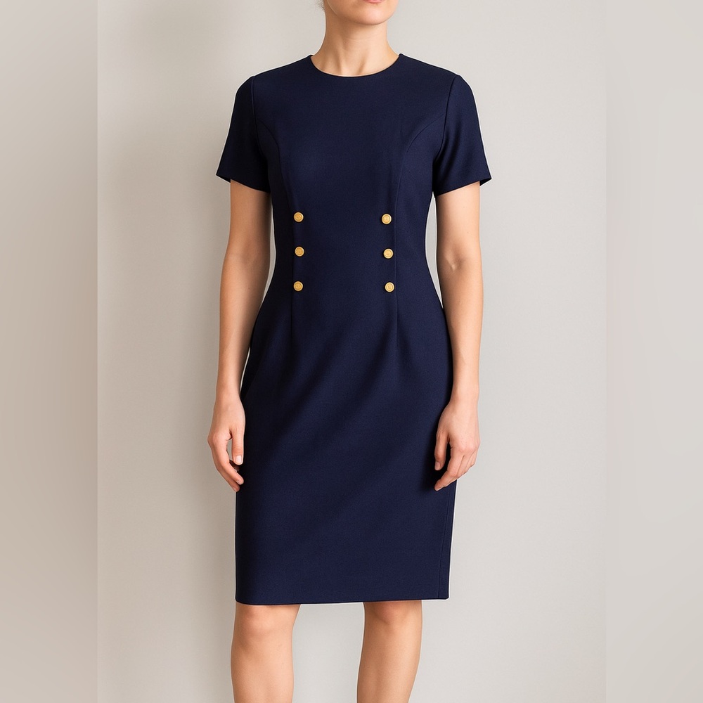 Spenser Jeremy Blue Midi Dress Women’s 10 Gold Button Vintage Coastal Office